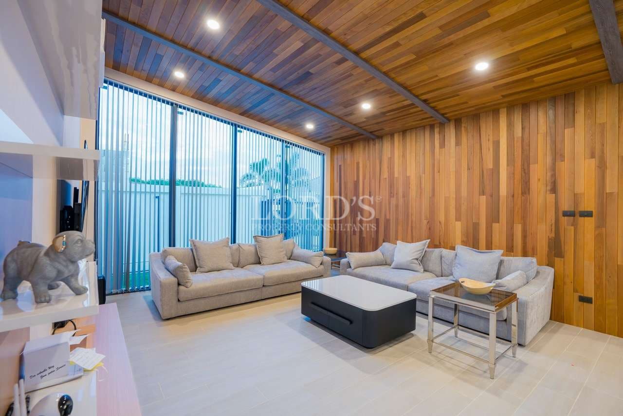 Modern living room with wooden accents