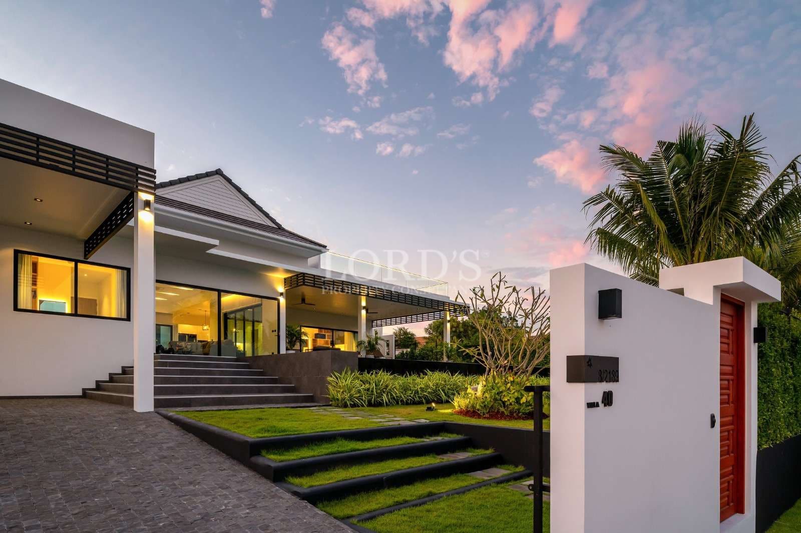 Modern house with landscaped garden.