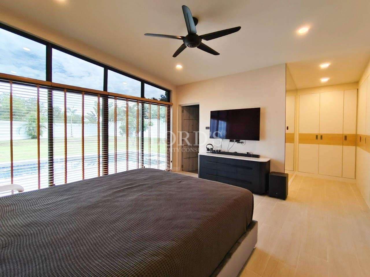 Modern bedroom with large windows